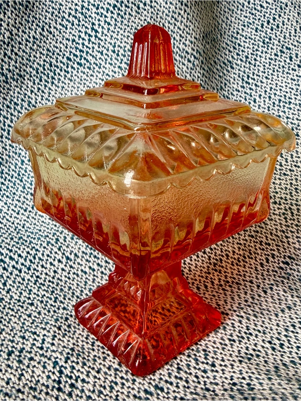 Vintage Amberina Glass Covered Pedestal Candy Dish Trinket Box Lidded Compote
